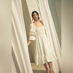 Elegant Ivory Cream Smocked Bodice Minidress long puff sleeve peasant Spring